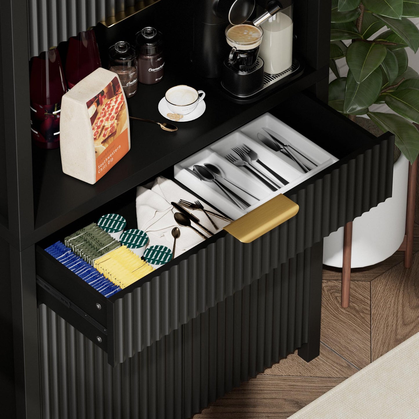 Lulive 71" Fluted Pantry Cabinet with Charging Station & Adjustable Shelves, Spacious Kitchen Storage Cabinet with Open Countertop & Drawer for Dining Room, Living Room, Black