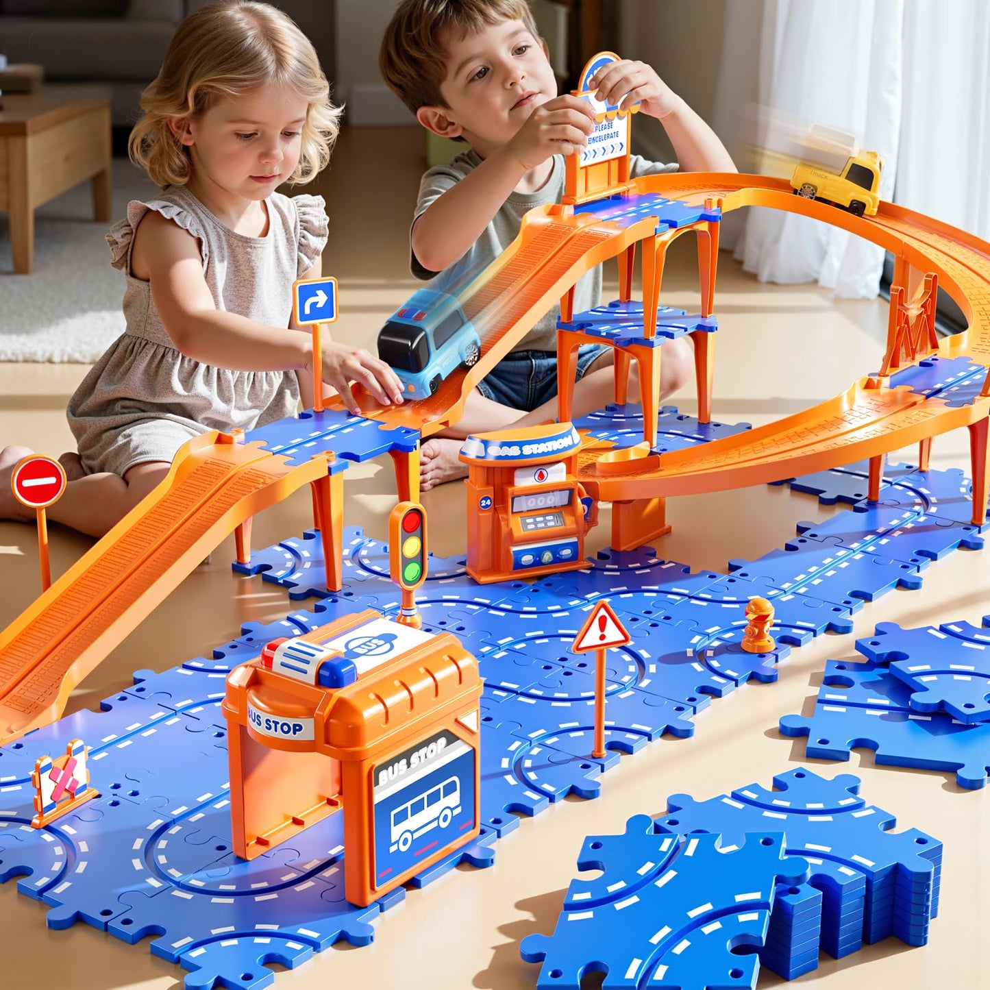 NIPLOOOW Puzzle Race Car Track Set for Kids 3-5, Floor Puzzle Track Car Set, Toddler Toys for 3 4 5 6 Years Old Boys, Toys Gift for Kids Boys Girls Age 3 4 5 6 7 8 Years Old