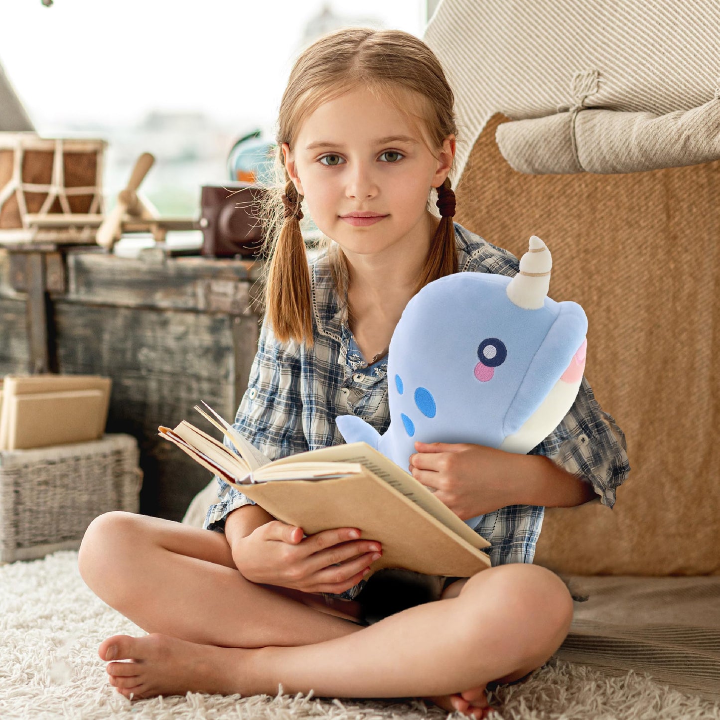 DolliBu Blue Narwhal Baby Soft Plush Toy, Newborn Babies First Stuffed Animal Cuddle & Snuggle Toys, Toddler's Huggable Best Buddy, Fluffy Teddy Bear - 11.75 Inch