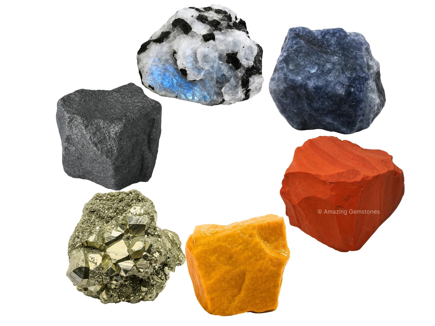 Amazing Gemstone Crystals for New Beginnings Manifestation, Set of 6 Rainbow Moonstone, Iolite, Red Jasper, Hematite, Yellow Jasper and Pyrite Healing Crystals and Stones