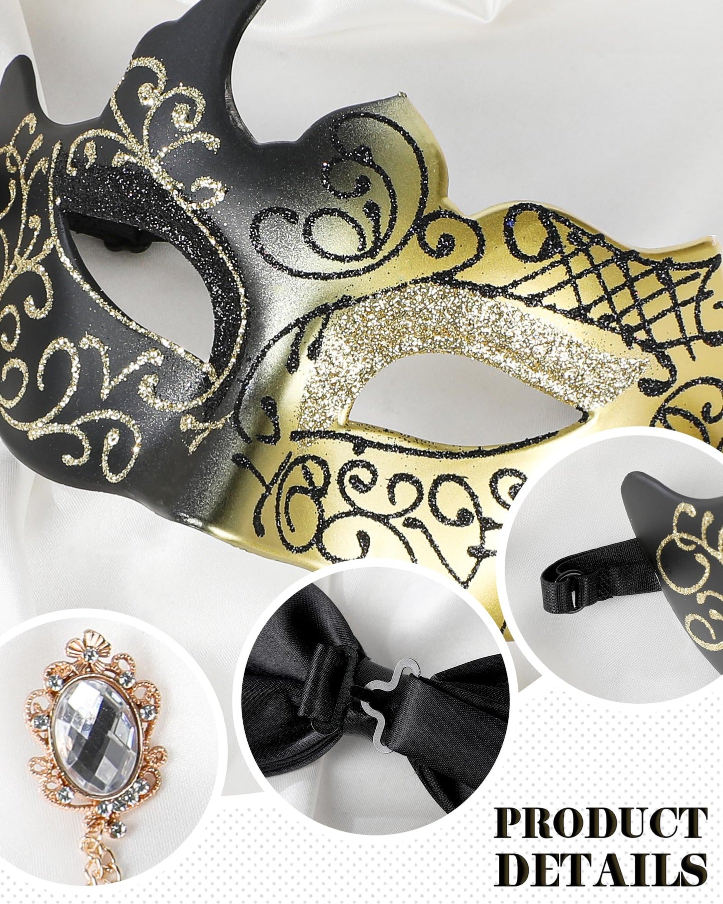 Zinniday 3 Pcs Masquerade Mask for Men, Black Gold Opera Venetian Mask Set with Rhinestone Brooch Bowtie, Opera Half Face Masks Kit for Man Halloween Prom Renaissance Carnival Party Accessory
