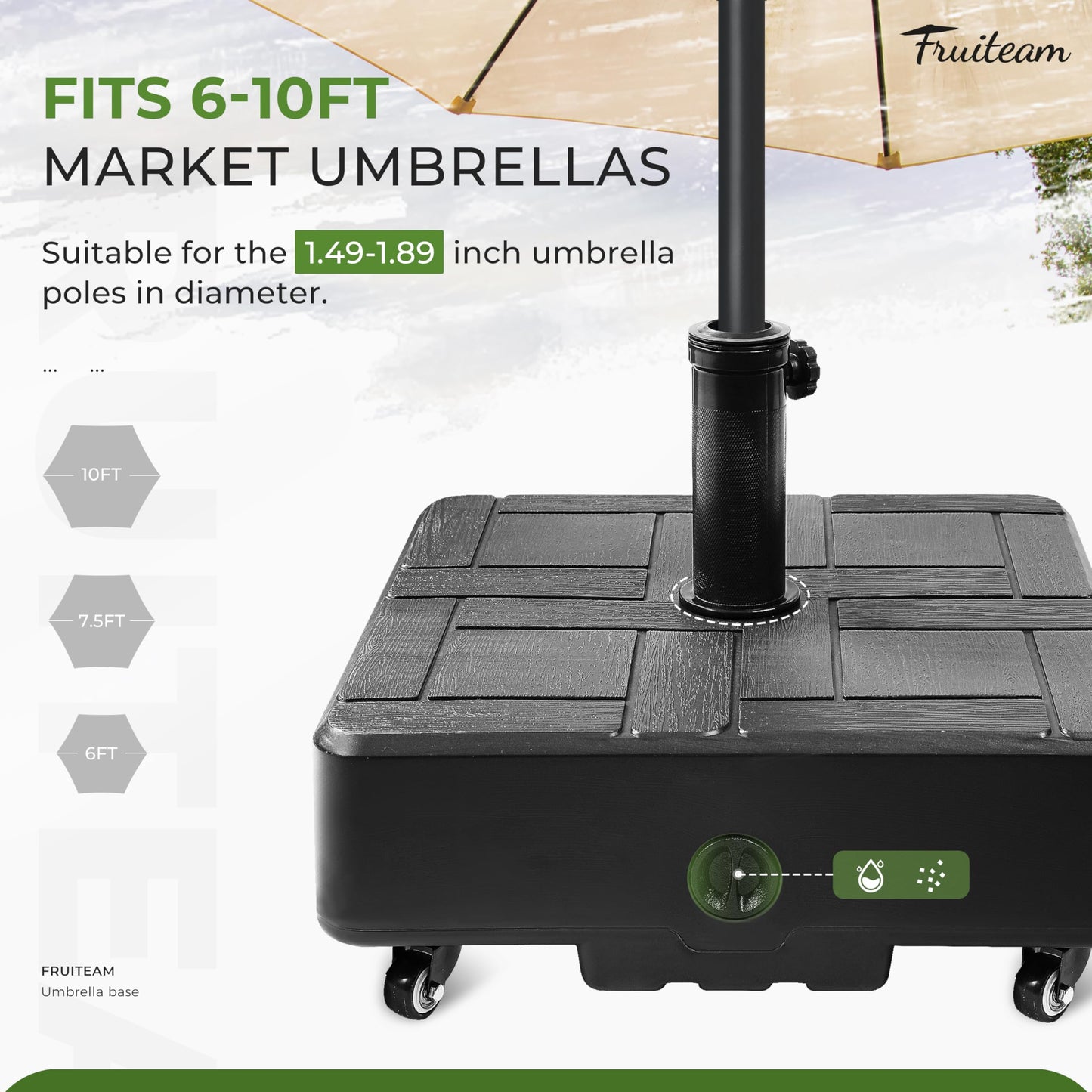 FRUITEAM Umbrella Base with Wheels, 100 LBS Heavy Duty Patio Umbrella Stand, Fillable Weighted Umbrella Base Holder for Patio, Deck, Poolside, Rust-Resistant and Windproof Design - Black