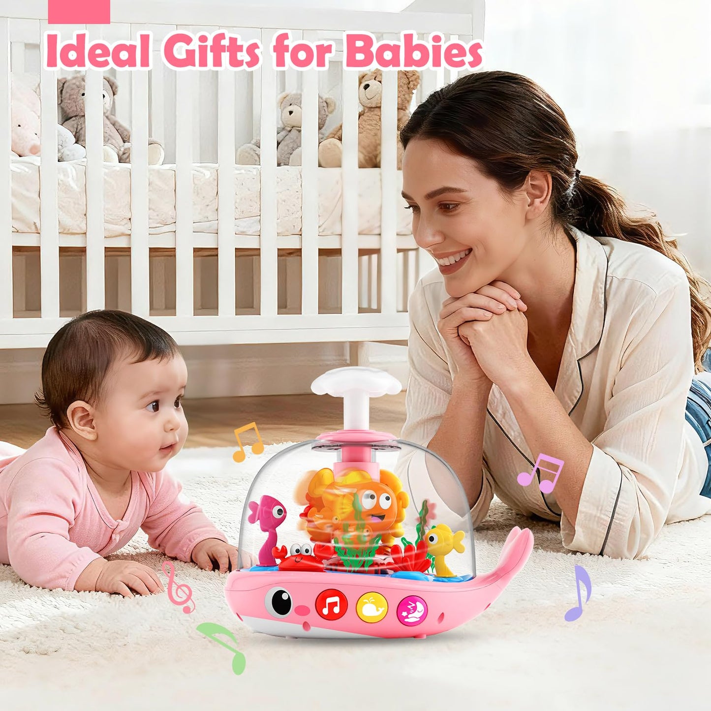 DUPHLAGT Baby Girl Toys 6-12 Months - Press & Spin Aquarium Light Up Musical Toy for Infant Toy 9-12-18 Months - Bilingual Learning Toddler Toys for 1 2 3 Year Old Boy Girl (Pink)