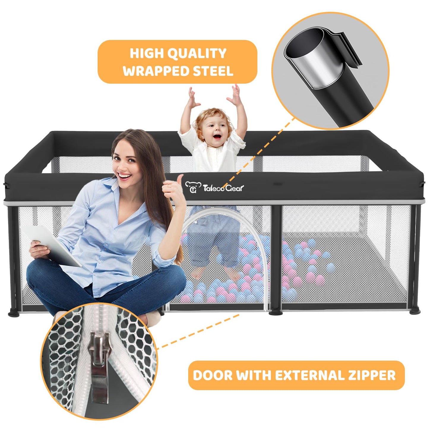 Taleco Gear Foldable Baby Play Pen with Mat, 50''x71'' Playpen for Babies and Toddlers, Playpen for Baby with Gate, Breathable,Foldable Travel Play Pen with 50 Ocean Balls