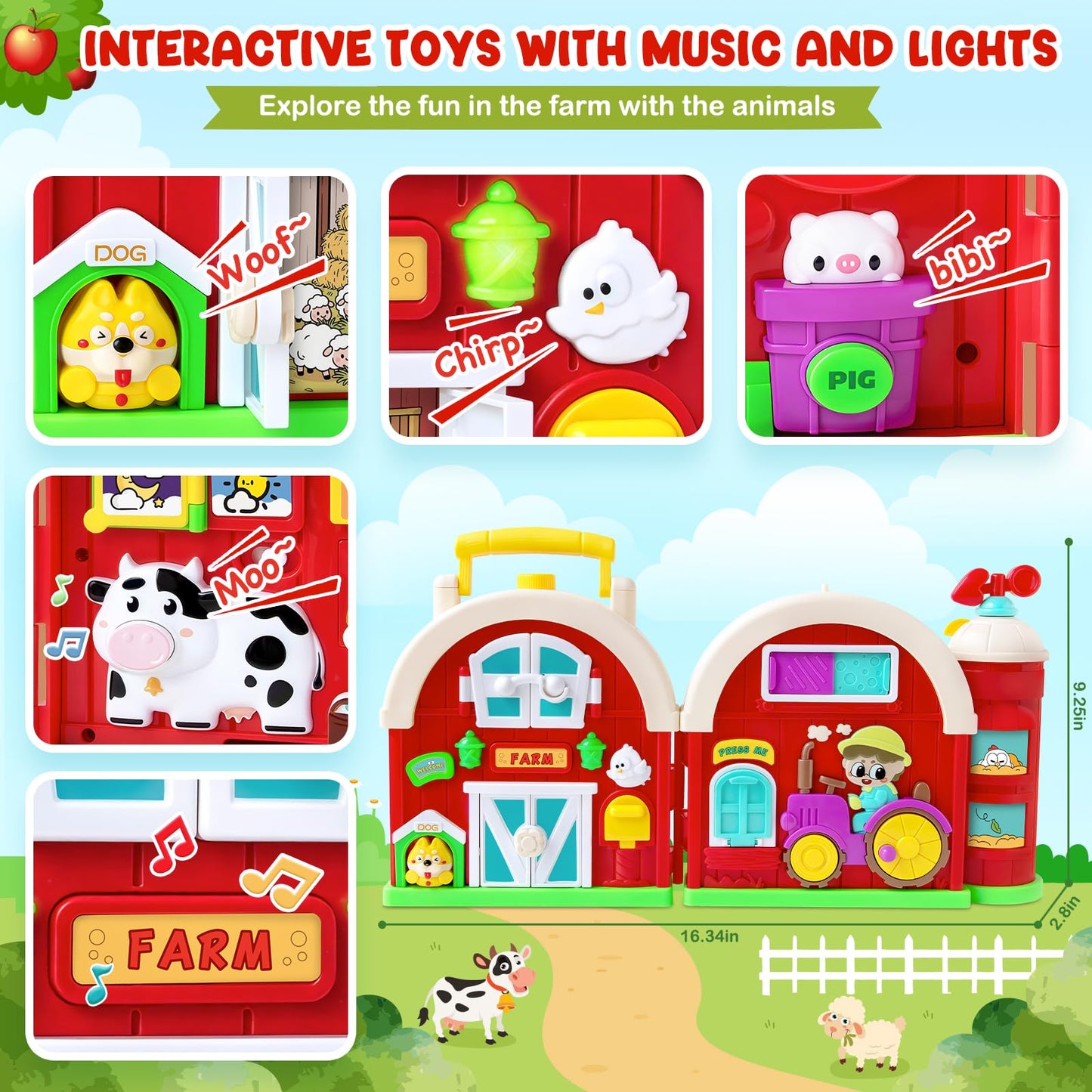 Montessori Farm Busy Board, Motor Skills Developmental Toys for 1 2 Year Old Boy Girl Gifts, Early Educational Toy for Toddlers 1-3, Christmas Birthday Gift for 12-18 Months, Sensory Board Toy for 1+