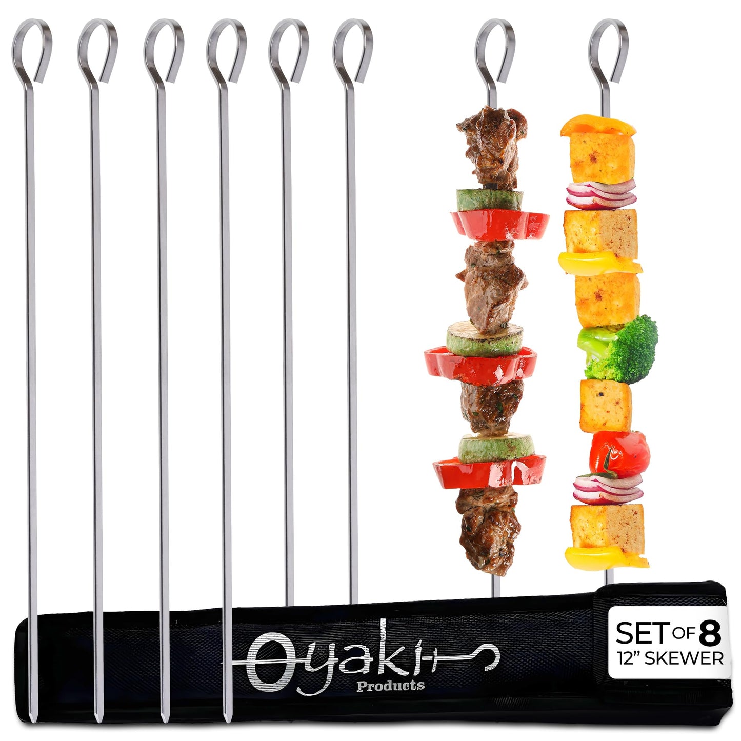 O-Yaki Flat Metal Kabob Skewer for Grilling – Set of 8 BBQ Skewers Stainless Steel with Storage Bag, Dishwasher Safe Skewers with Hook Handle & Sharp Tip for BBQ, Cookouts & Oven Use – 12 Inch