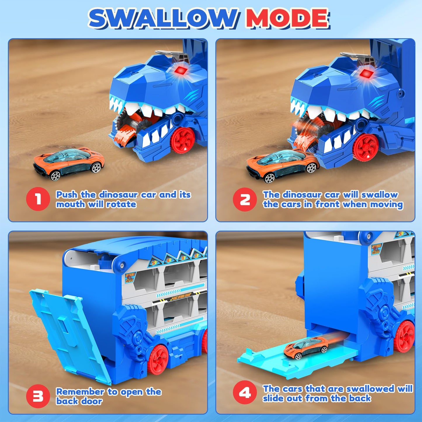 Dinosaur Transport Car Race Track Toy Set for Kids - Monster Carrier Truck Toys for Age 3 4 5 6 7 8 9 10 11 12 Years Old Boy Christmas Birthday Gifts with Die-Cast Metal Toy Cars, Light & Sound
