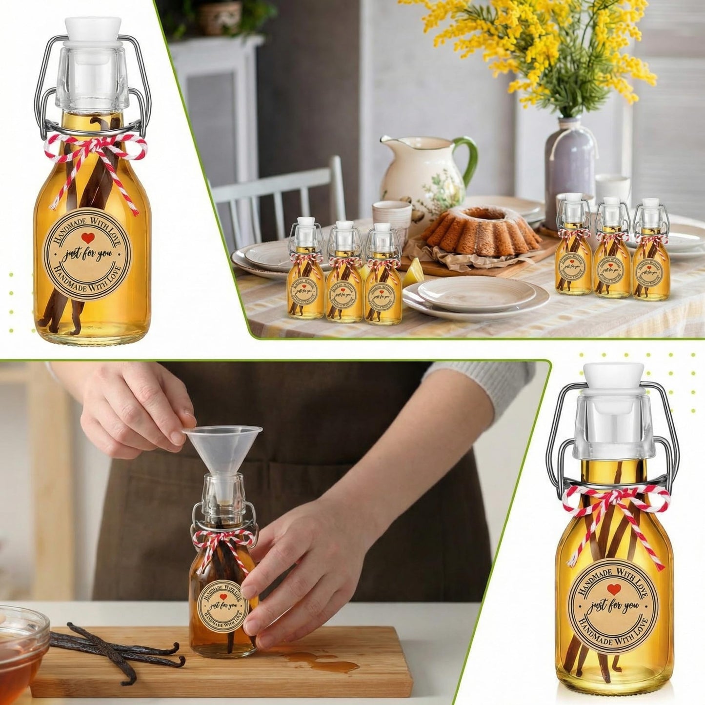 Teenyyou 20 PCS 4.05OZ Mini Flip Top Square Glass Bottle with Stoppers Decorative Swing Top Bottles Small Glass Bottles with Lids Kraft Adhesive Round Stickers for Wedding Vanilla Extract Party Favors