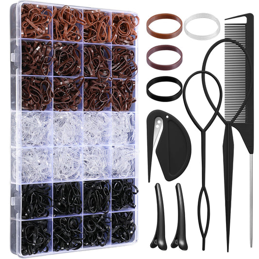 1500 Pcs Hair Bands in 4 Natural Colors - Rubber Hair Ties with Organizer Box and 6 Styling Tools for Women, Girls, Kids