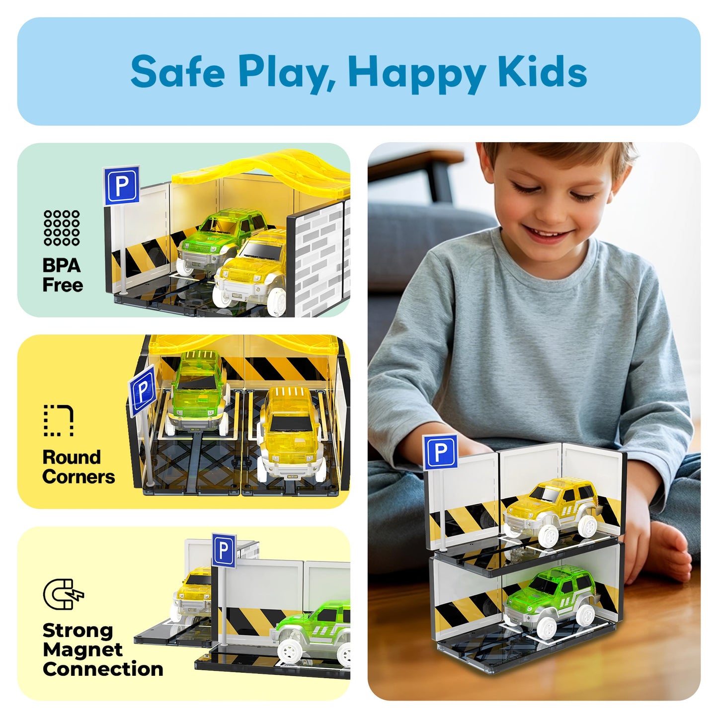PicassoTiles Magnetic Tiles Race Car Track Kit Parking Garage Expansion Pack with 2 Cars Magnet Tile Building Blocks Educational Toy Learning Kit Pretend Play Construction Set Kids Child Ages 3+ PTR07