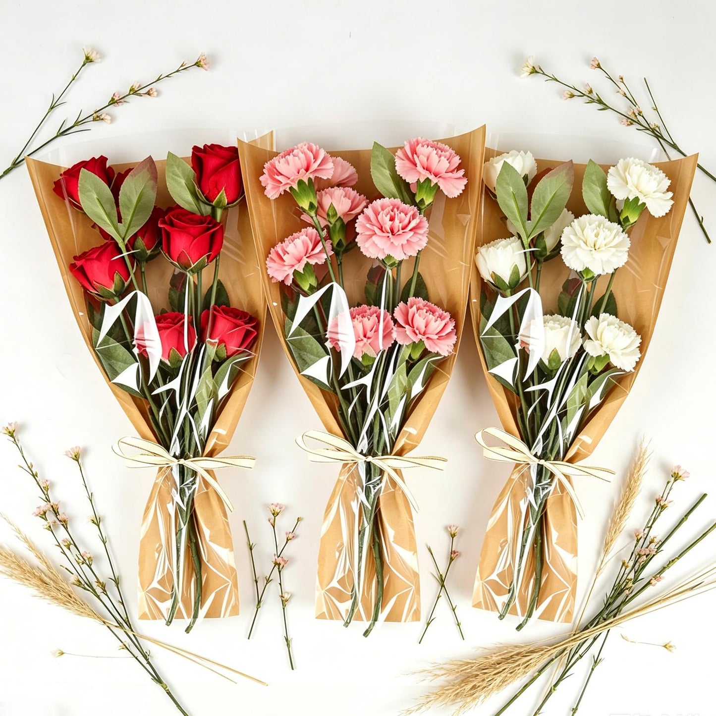 Wzifyf 50 PACK Flower Bags for Bouquets Flower Bouquet Holders Kraft Floral Wrapping Paper flower Sleeves Build Your Own Bouquet Bar with 72 Ft Ribbons for Valentine's Day Packaging Supplies