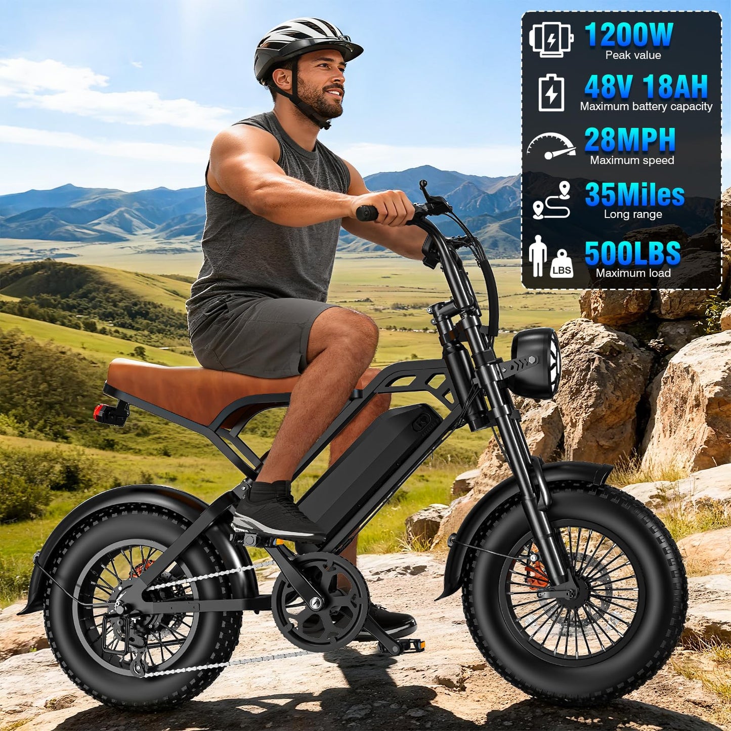 Furider Electric Bike for Adults, 1200W Peak Power Ebike, 28MPH, 48V 18Ah Removable Battery, 35-Mile Range, 500LBS Load, 16'' Fat Tire Electric Dirt Bikes, Electric Mountain Bicycles for All-Terrain