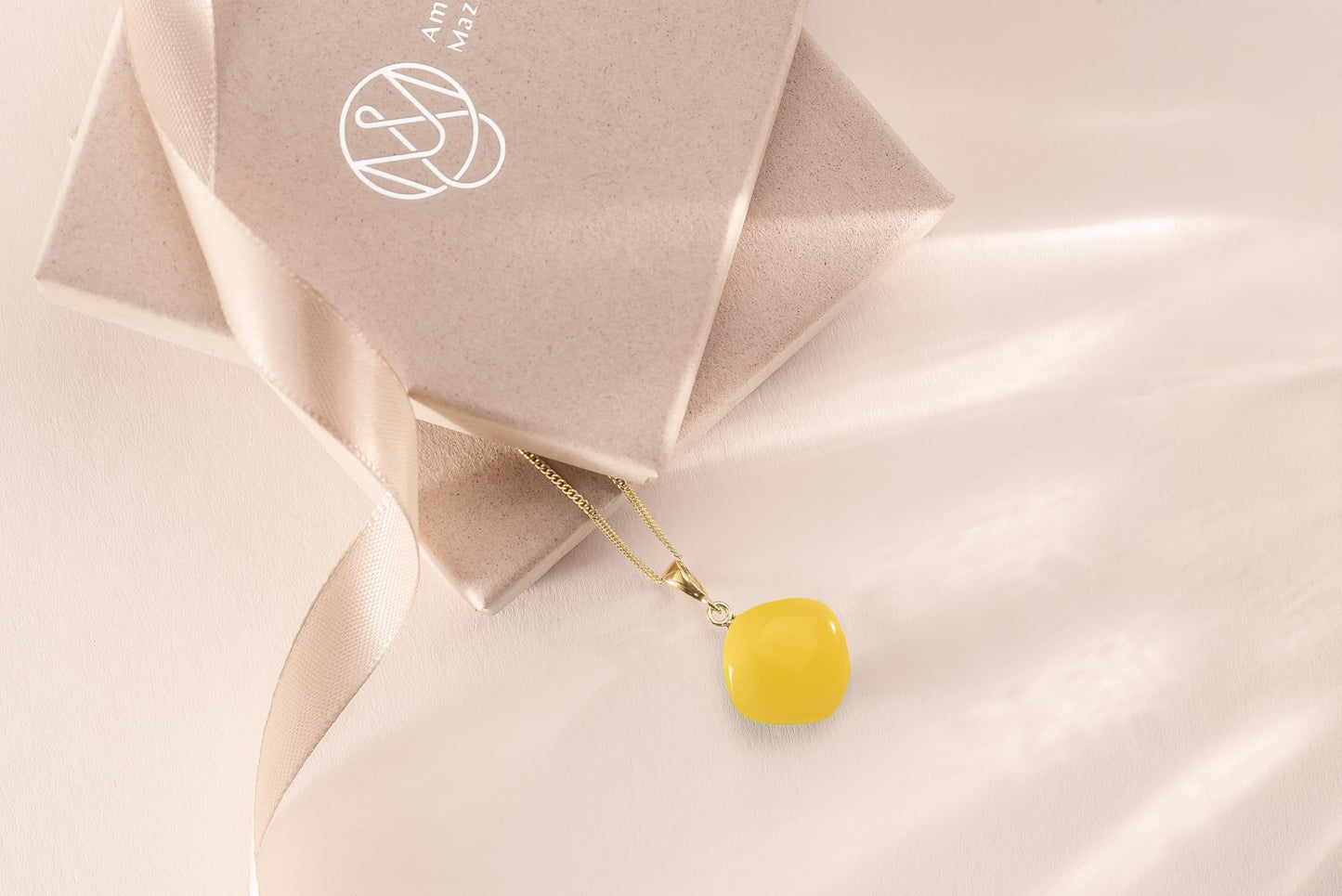 Amber by Mazukna Natural Baltic Amber Pendant for Women, Cognac Drop Necklace with Gold-Plated Sterling Silver Chain, Lightweight 18-inch Jewelry Gift for Everyday Elegance (Yellow Cushion)