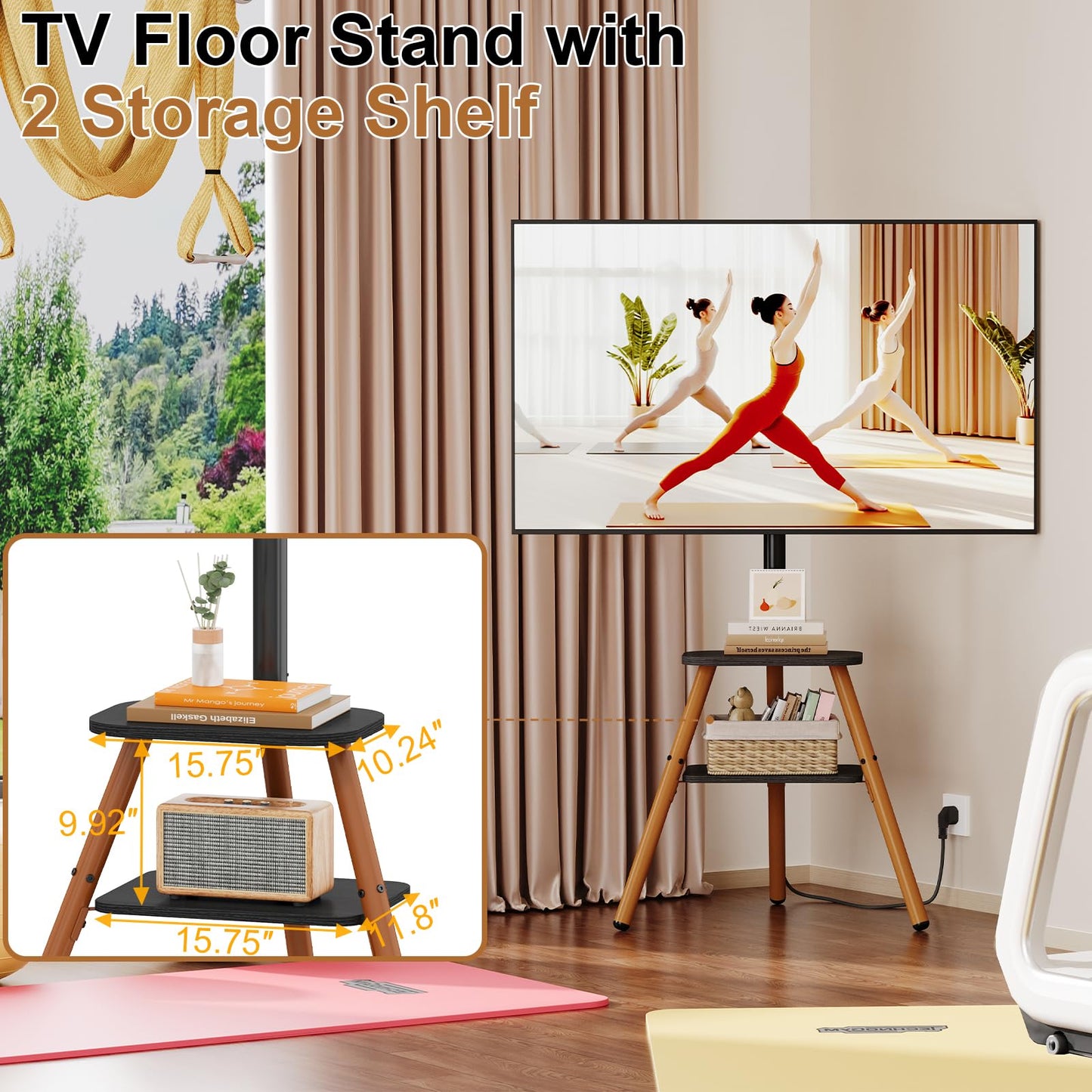 Tripod Easel TV Stand for 23-65 Inch TVs, Floor TV Stand with 2 Shelves and Cable Management for Bedroom/Living Room, Holds up to 80 lbs Adjustable Height Max VESA 400x400mm, Artistic Black Walnut