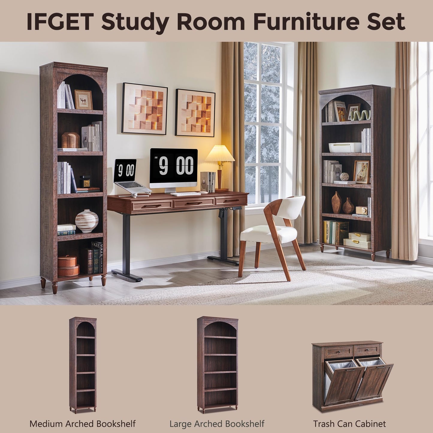 IFGET 76" Tall Arched Bookcase, Farmhouse 5 Tiers Large Arched Bookshelf Cabinet with Adjustable Shelves, Modern Wooden Book Shelf w/Storage and Open Display Shelves for Living Room, Office-Brown