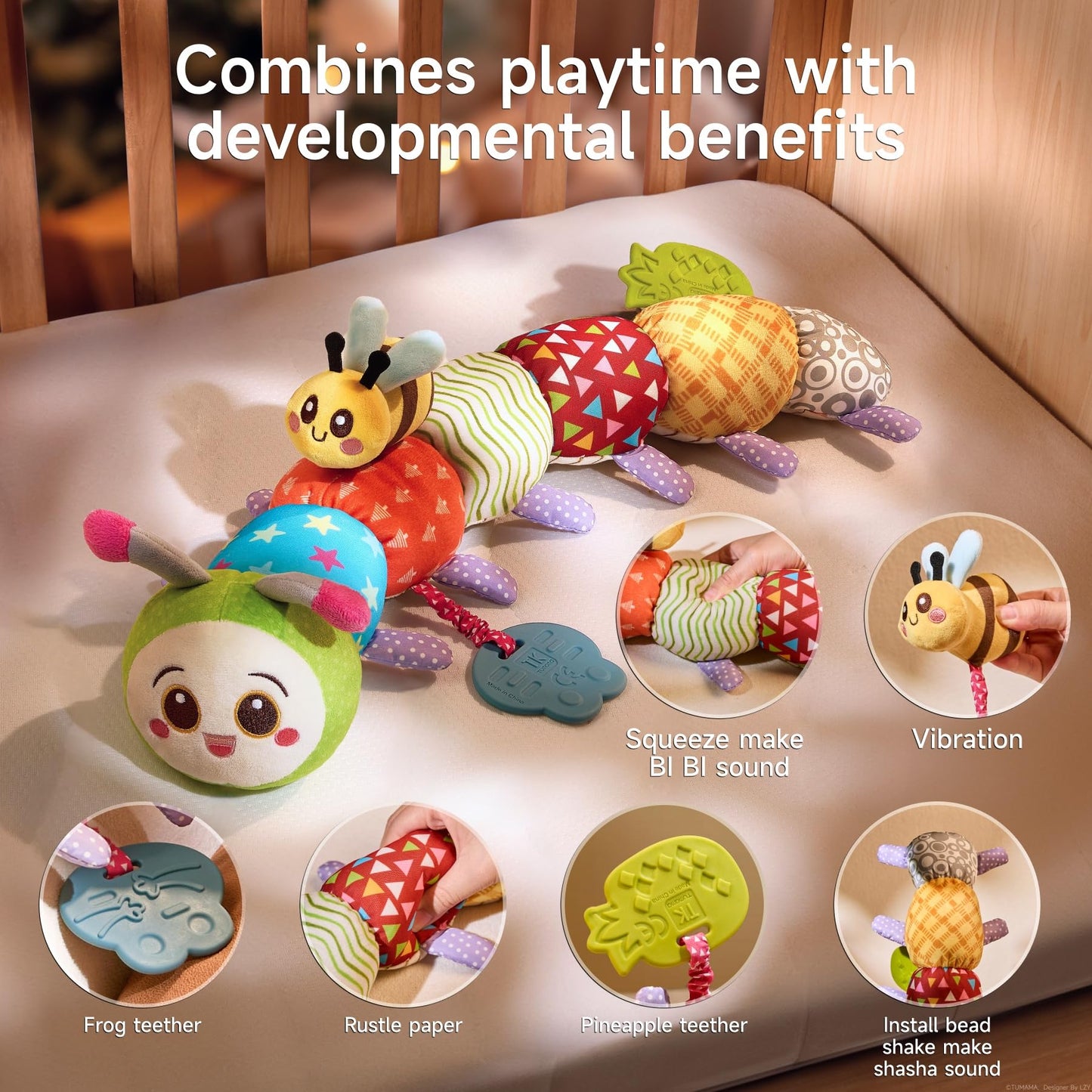 TUMAMA Baby Toys for 0 3 6 9 12 Months, Caterpillar Sensory Toy, Infant Baby Stuffed Animal Activity Soft Toys with Teether, Tummy Time Sensory Toys, Newborn Infant Sensory Toys Birthday Gifts