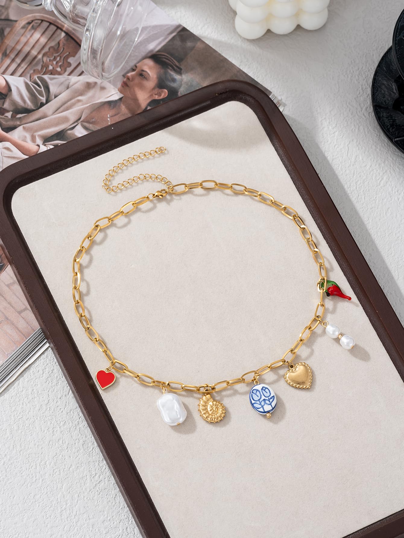 Trendy Stainless Steel Gold Plated Charm Necklace with Heart Pearl Pepper Conch Ceramic Pendant Necklace for Women Collares Chokers Jewelry (Collares Chokers)