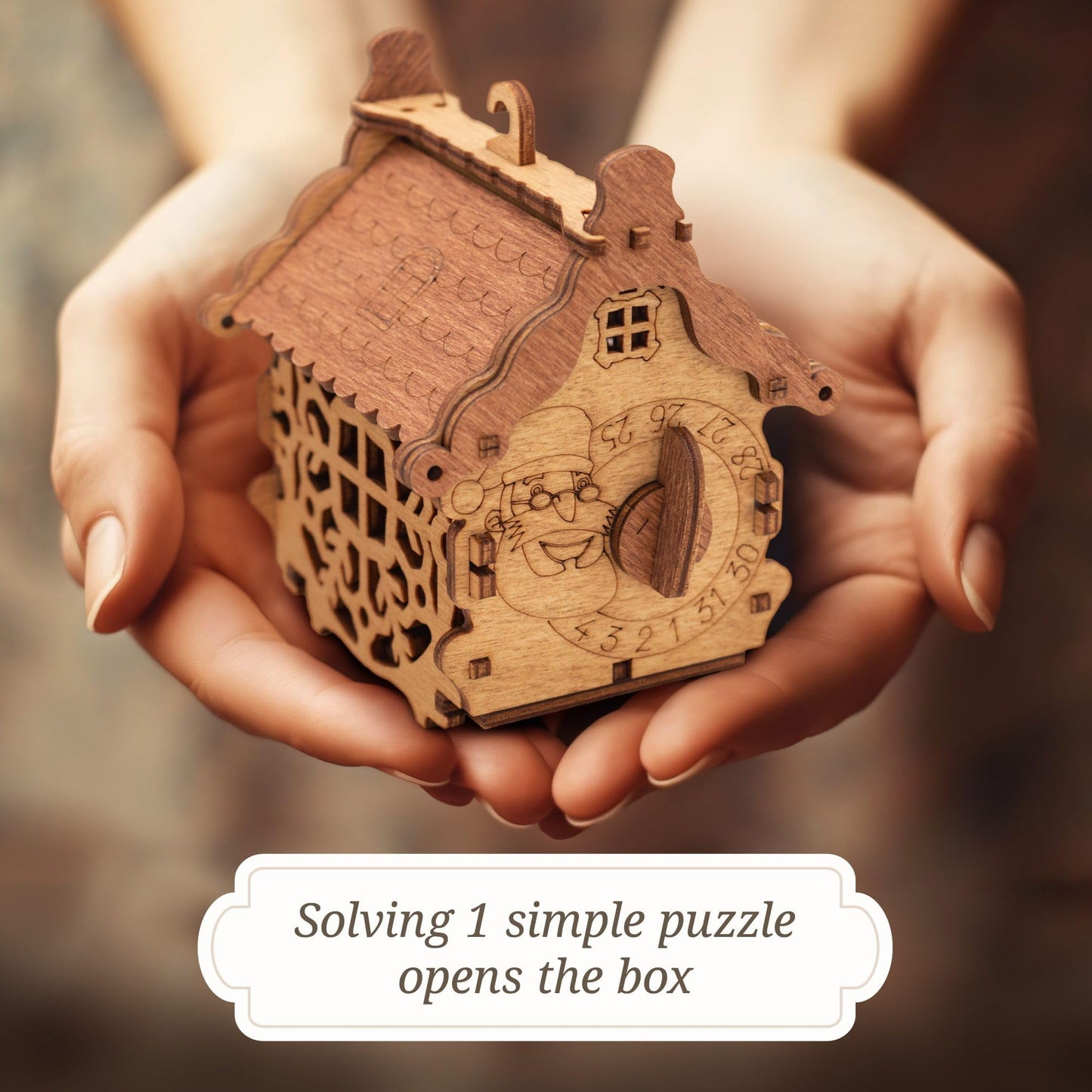 iDventure Happy New Year Treasure Box - Wooden 3D Puzzle with a Secret - Christmas Decoration Tree Toy - Cryptex - Gift Money Box for Cash - Escape Room Game