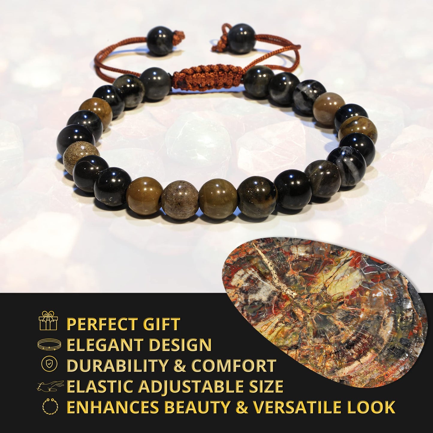 ANAYA AGATE Healing Crystal Bracelet – Chic Gemstone Bracelet for Men and Women – 8mm Round Bead Bracelets for Spiritual Healing, Protection, Positive Energy - Petrified Wood