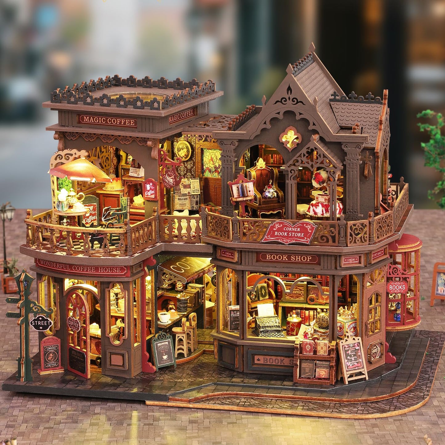 Plustopoy DIY Miniature House Kit - 3D Wooden Puzzle Bookshelf Decor with Furniture & LED Light, Dollhouse Kit Creative Craft Building Set for Adults, for Women Men
