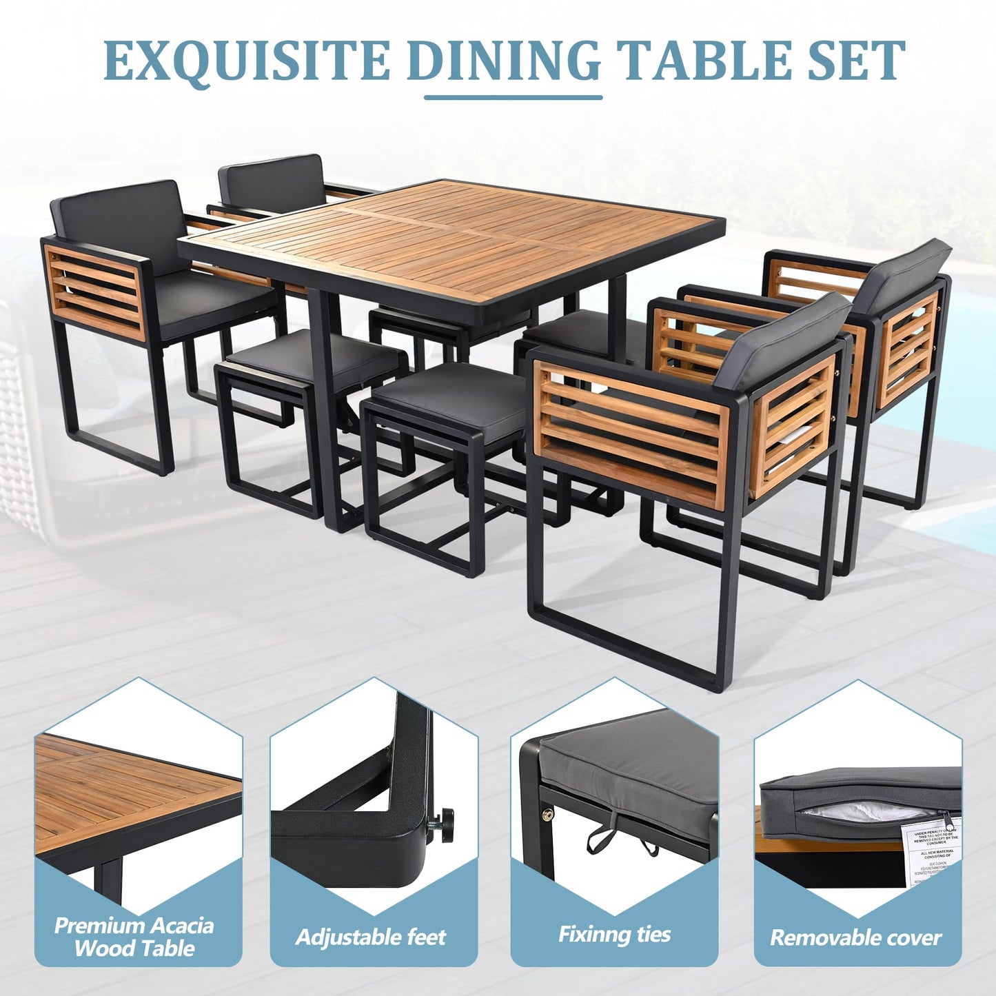 Merax 9 Pieces Outdoor Dining Set for 8 People, Acacia Wood Patio Furniture Sets with 1 Square Table, 4 Cushioned Chairs and 4 Ottomans for Backyard, Garden, Lawn, Poolside, Space Saving Design, Gray