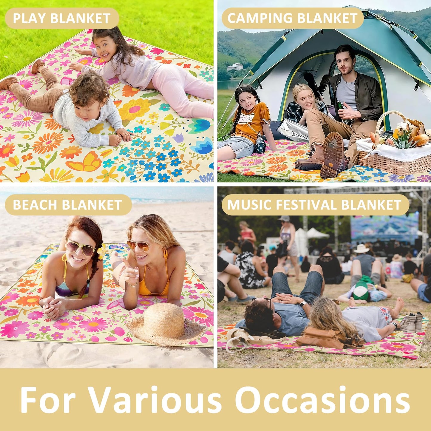 Floral Picnic Blankets Waterproof Foldable, 60″X80″ Packable Picnic Mat Flowers Outdoor Blanket for Grass, Large Beach Blanket Sandproof Picnic Accessories for Camping Music Festival Park Lawn Travel