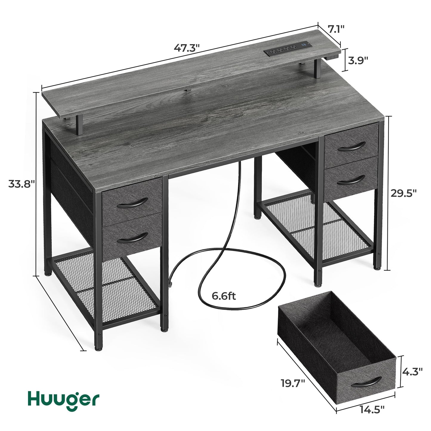 Huuger 47 inch Computer Desk with 4 Drawers, Gaming Desk with LED Lights & Power Outlets, Home Office Desk with Large Storage Space for Bedroom, Work from Home, Grey
