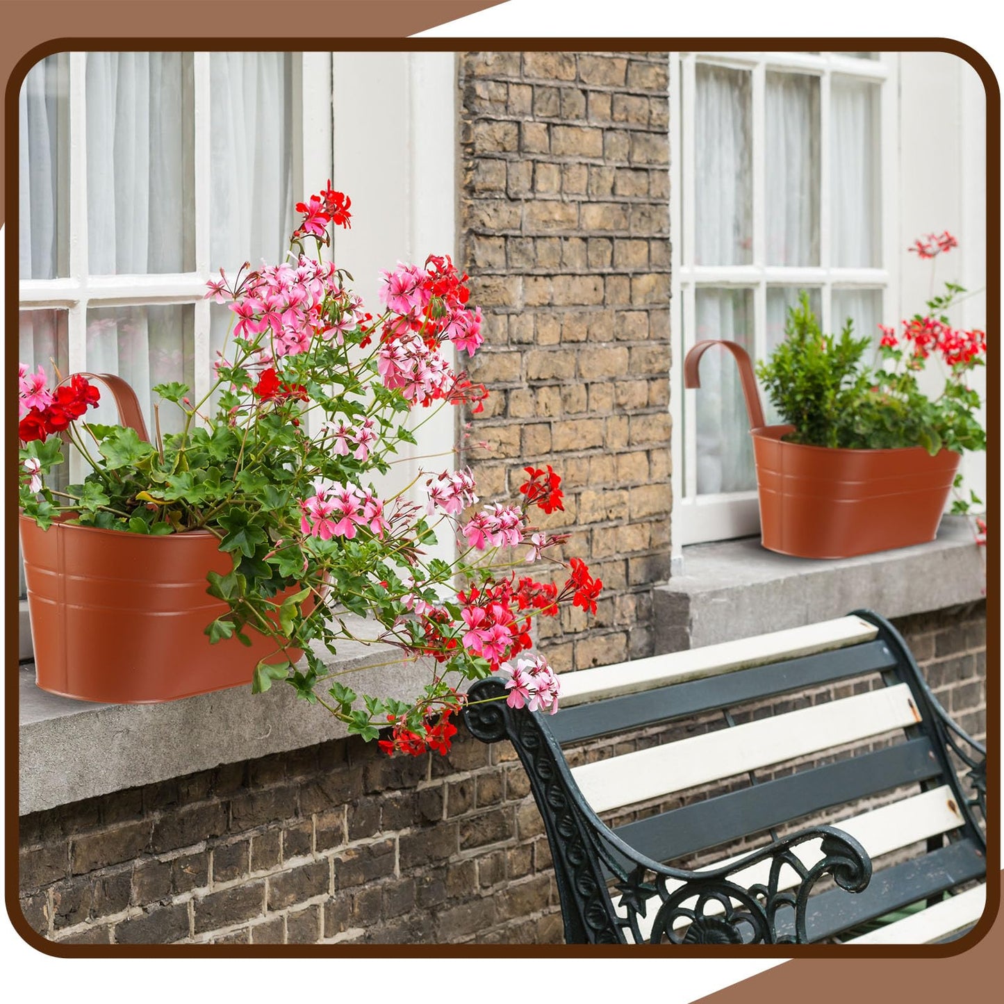 Hicarer 12 Pcs Metal Hanging Flower Pots for Railing Fence, 10.6 Inch Hanging Rail Planters for Outdoor Window Balcony Plants Holder with Hooks for Garden Yard Home Decor (Brown)