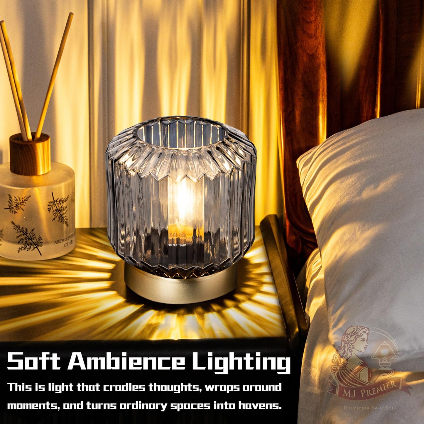 MJ PREMIER Battery Operated Lamp with Timer Cordless Lamps for Home Decor Battery Powered Nightlight with LED Bulb Decorative Glass Beside Lamp for Valentine's Gift Bathroom Bedroom Living Room Grey