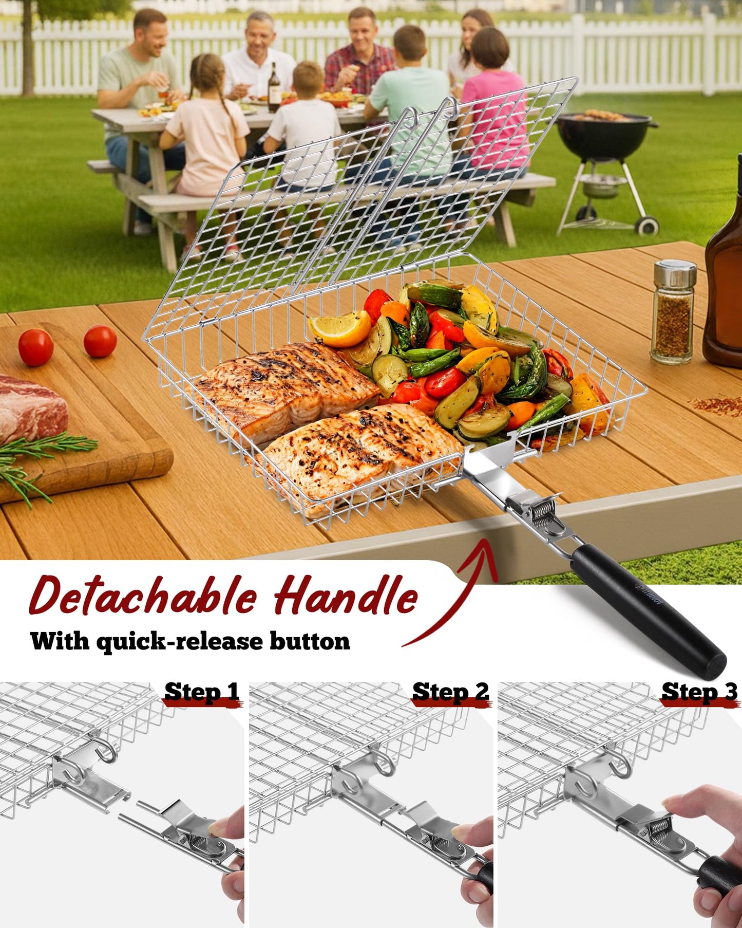 Nesting Grill Baskets, 2PCS Grilling Baskets for Outdoor with Removable Handle, Stainless Steel BBQ Camping Cooking Accessories Tools for Meat Steak Fish Vegetable Shrimp, Gifts for Men Dad Husband