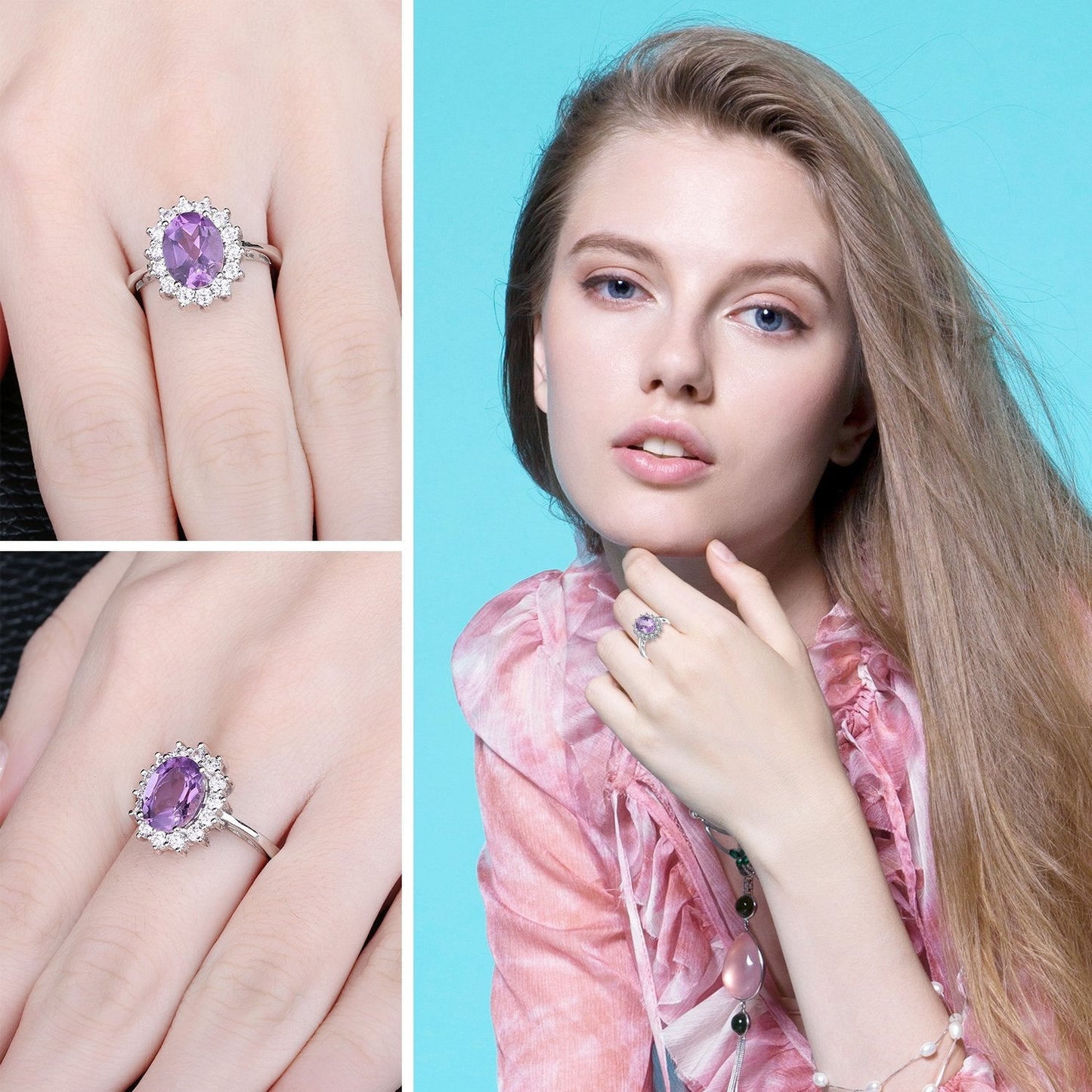 JewelryPalace Princess Diana Kate Middleton Gemstone 1.8ct Genuine Purple Amethyst Halo Statement Engagement Rings for Women, 14K White Gold Plated 925 Sterling Silver Promise Rings for Her 10.5