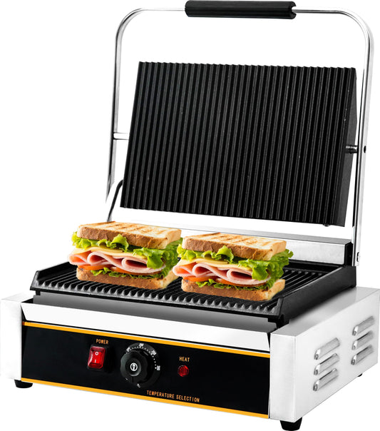 Yingyunvo Commercial Panini Press Grill 2200W Countertop Electric Sandwich Maker with Adjustable Temp Control, Nonstick Coating, Grooved Plates Grill, for Burgers Steaks Panini
