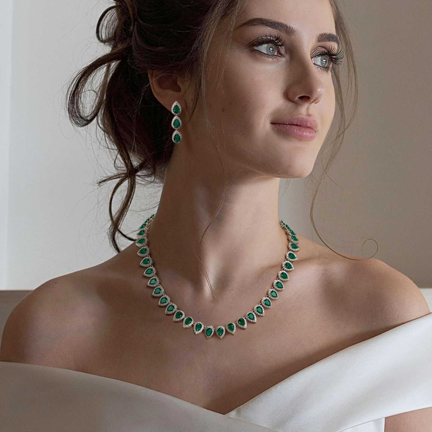 EleQueen Women's Wedding Bridal Full Prong Cubic Zirconia Teardrop Necklace Earrings Set for Brides Bridesmaids Emerald Color