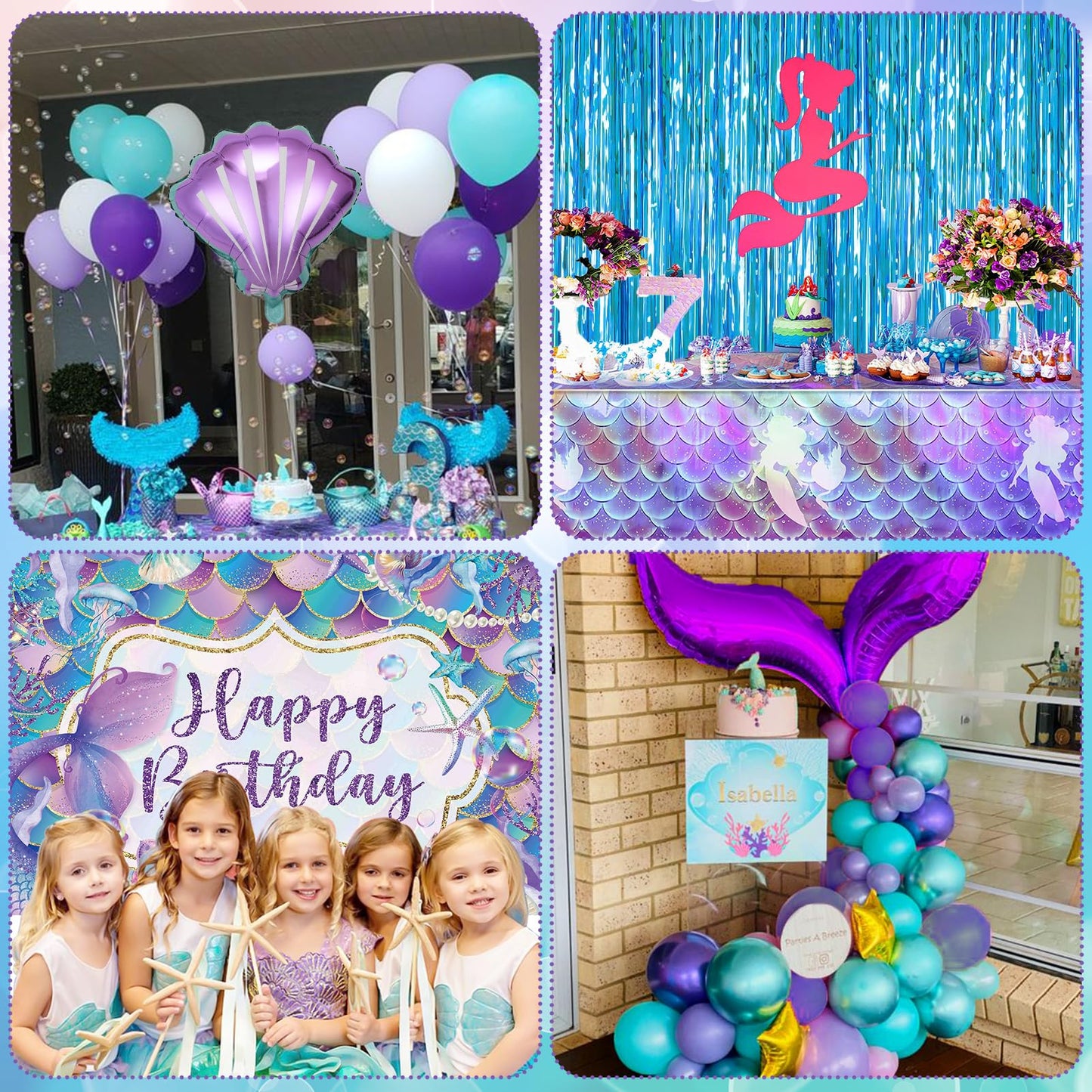 SNLN 139Pcs Mermaid Birthday Party Decorations Supplies for Girl Kid, Mermaid Balloon Arch & Backdrop Tablecloth Fringe Curtain Tail Shell Star Foil Balloon, Princess Themed Mermaids Party Decoration
