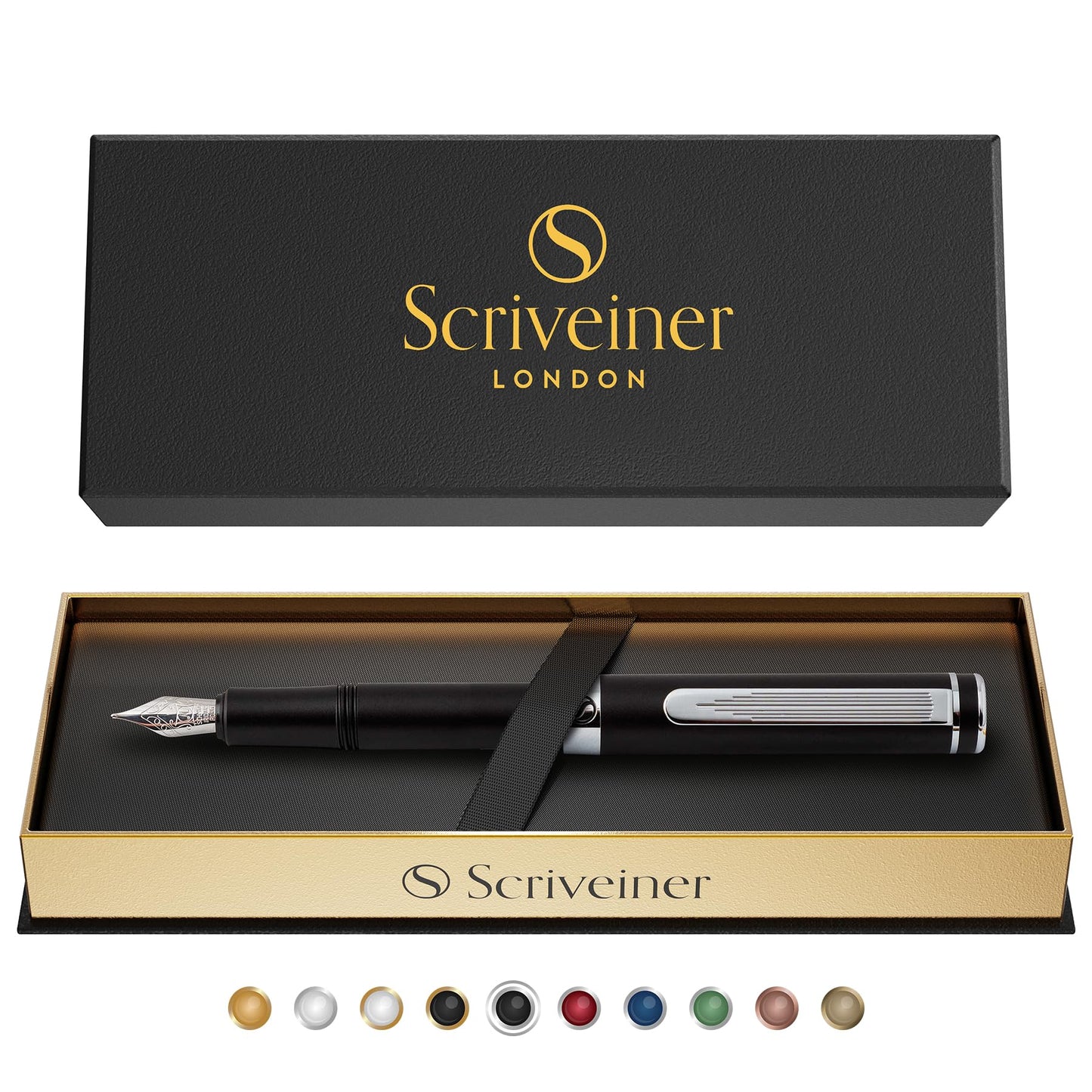 Scriveiner Luxury EDC Fountain Pen (Fine), Stunning Matt Black Pocket Pen, Chrome Finish, Schmidt German Nib, Converter, Best Writing Pen Gift Set for Men & Women, Nice Fancy Office Designer Pen