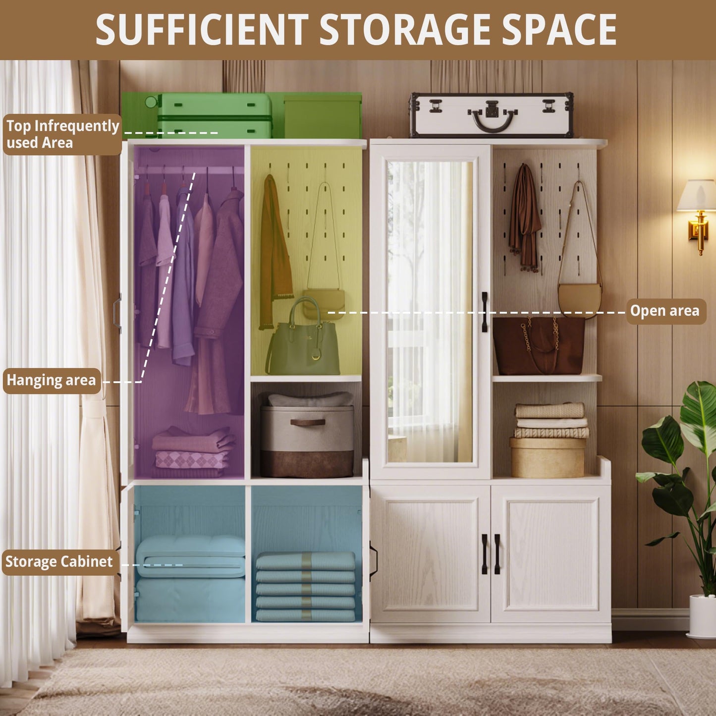 LIKIMIO Armoire Wardrobe Closet, 70" H Wooden Bedroom Armoire with Mirror, 2 Cabinet, Pegboard and a Open Shelf, Large Freestanding Clothing Storage Cabinet with 3 Doors, White