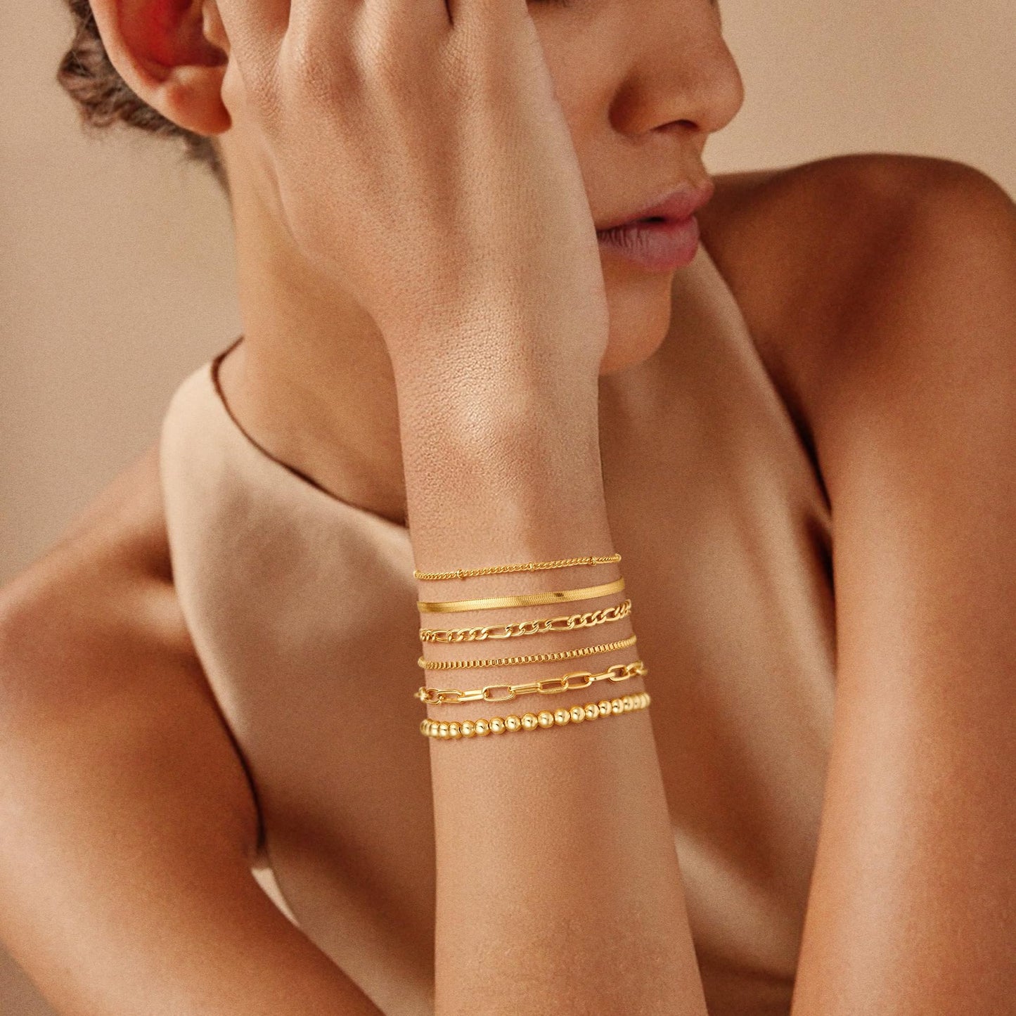 Mujahid Waterproof Gold Plated Bracelets Set for Women Trendy, Dainty 14K Gold Jewelry Fashion Stackable Tennis Beaded Figaro Herringbone Paperclip Link Bracelet Pack Stack Gifts for Women,Never Fade