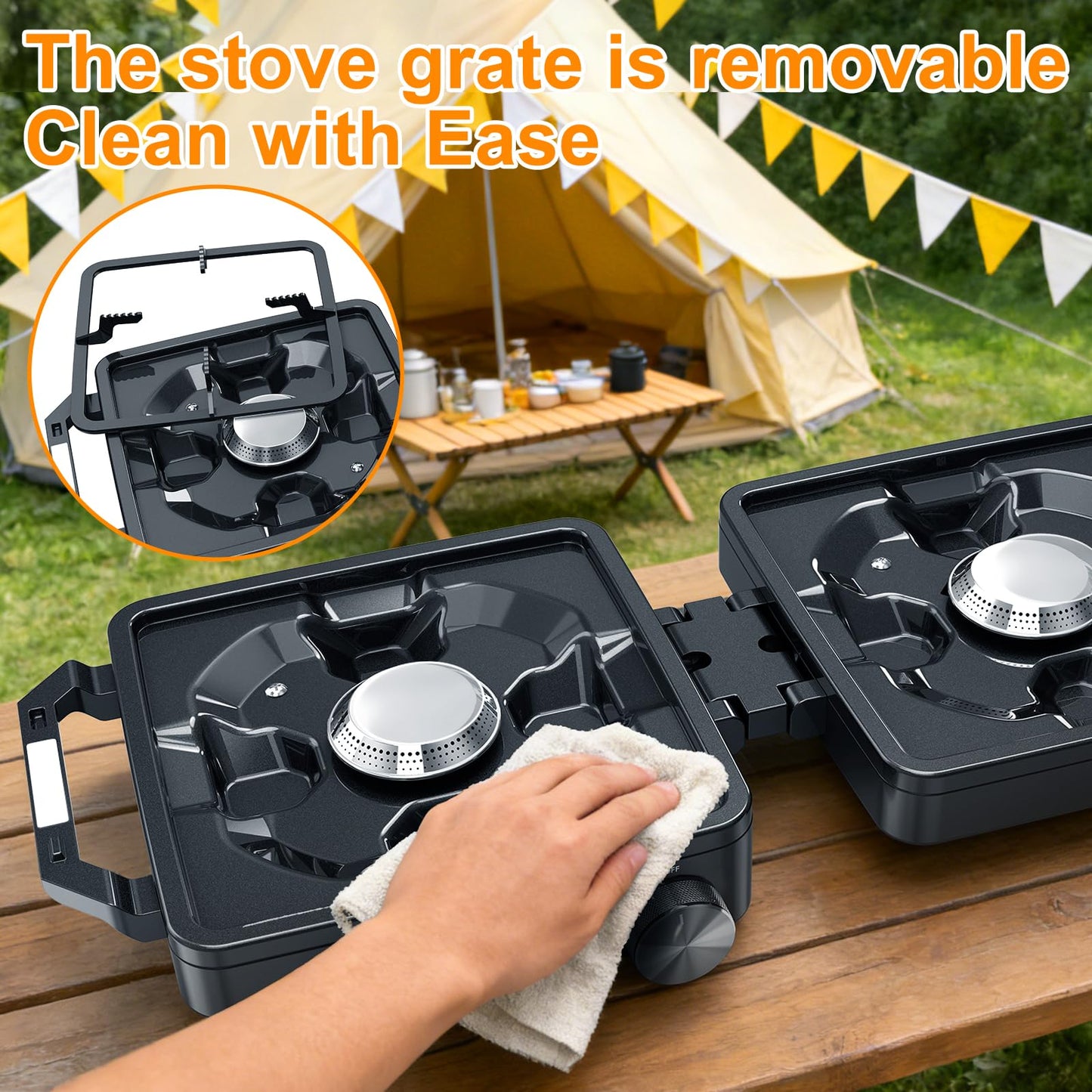 2-Burner Pro Camping Stove,24000 BTU Camp Stove,Foldable Propane Stove Includes Carry Bag,Windscreen Griddle, Portable Stove,Camping Essentials,Suitable For Outdoor Cooking,Tailgating,Grilling (Black)