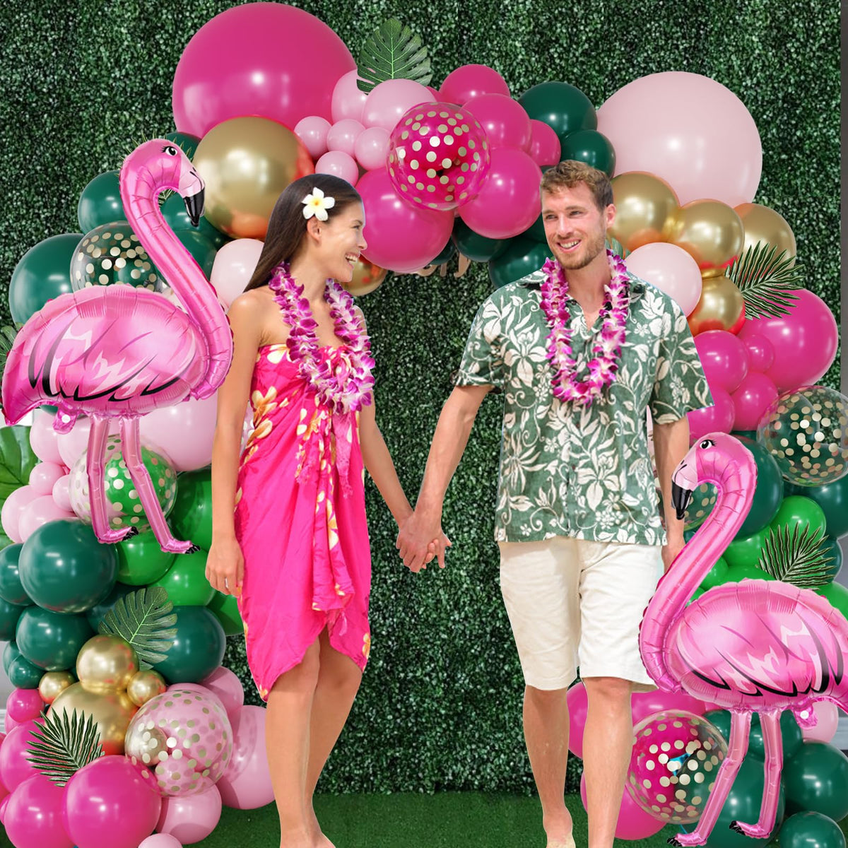 156Pcs Tropical Flamingo Balloon Arch Garland Kit, Hot Pink Dark Green Light Pink Gold Confetti Flamingo Foil Balloons with Palm Leaves for Hawaiian Luau Aloha Summer Beach Birthday Party Decorations