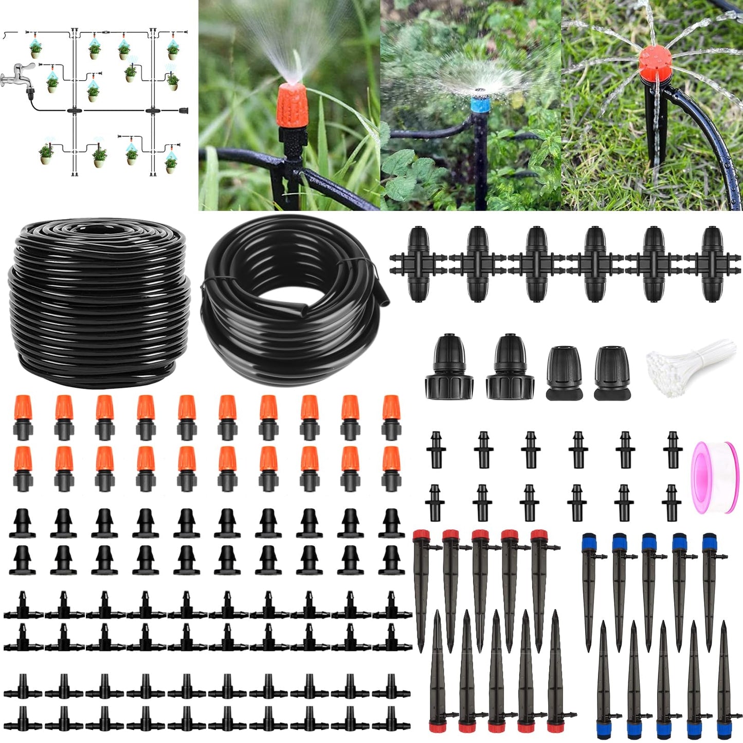 200FT+40FT Drip Irrigation System, Garden Watering System with 8/11mm Main Tubing 4/7mm Distribution Irrigation Tubing and Accessories, Irrigation System for Garden, Greenhouse, Yard, Lawn, Plant