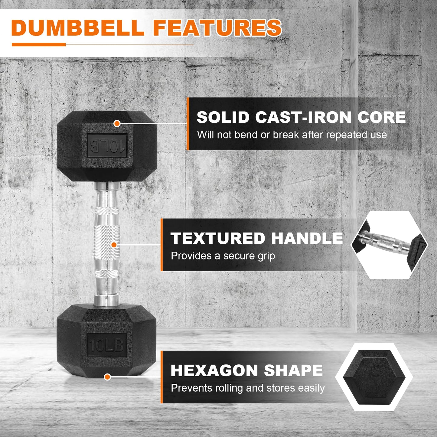 Fitvids Hex Dumbbells Rubber Coated Hand Weights Set for Exercises and Fitness, Strength Building & Full Body Workout, 5-15LB Pair - Black