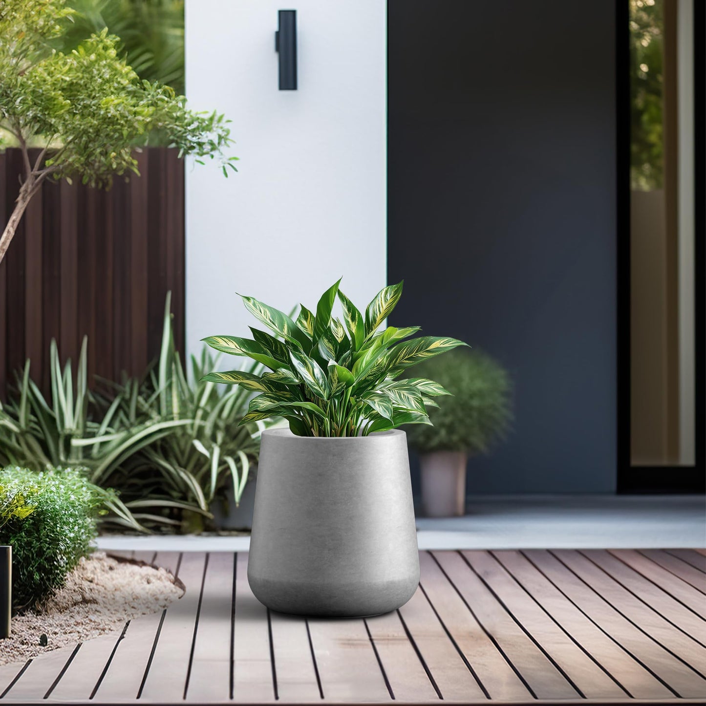 Kante 11.8-Inch Dia Round Concrete Garden Pot with Drainage Hole & Rubber Plug - Indoor/Outdoor Lagre Plant Pot for Home, Garden, Patio, Natural Concrete