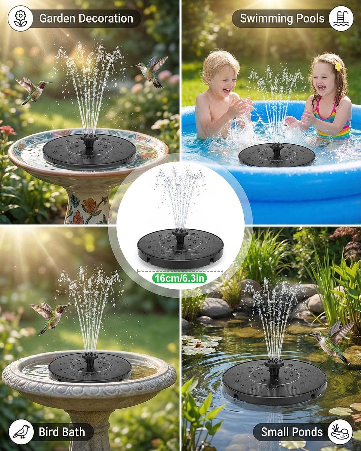 Olutula Solar Bird Bath Fountains, 2026 Upgraded 1.4W Solar Fountain Pump with 7 Nozzles, Free Standing Floating Solar Powered Water Pump Fountain for Bird Bath, Garden, Pond, Pool, Outdoor (6.3in)