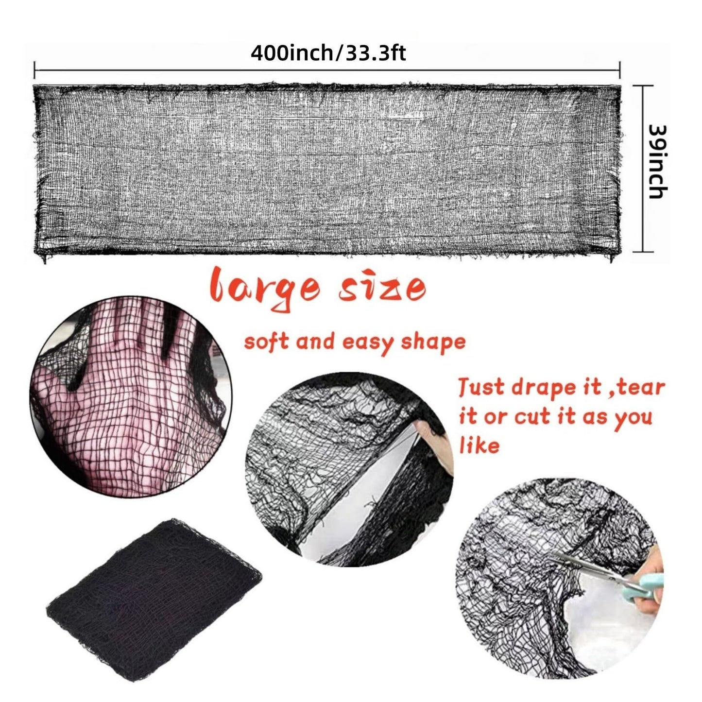 Niurui 400 x 39 inch Large Size Creepy Cloth Black Halloween Scary Spooky Cloth-Windows Doorways Gauze Cobweb Spider webs Decorations for Halloween Party Haunted House Decor