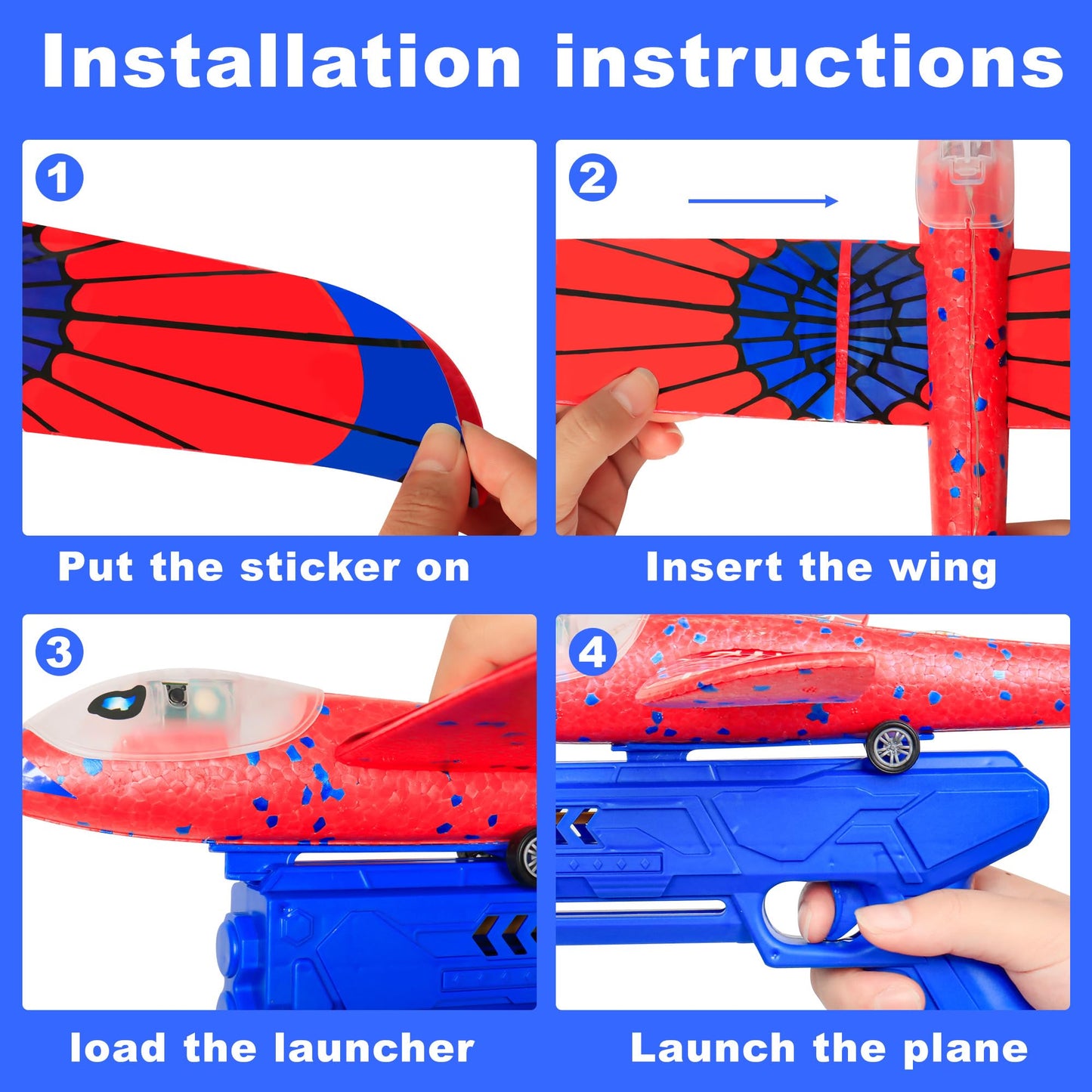 HitToys Airplane Launcher Toy for Kids, 3 Pack Spider Foam Gliders Air Planes with Led, 2 Flight Modes 3 4 5 6 7 Year Old Boys Girls Outdoor Flying Toys Outside Sport Games Birthday