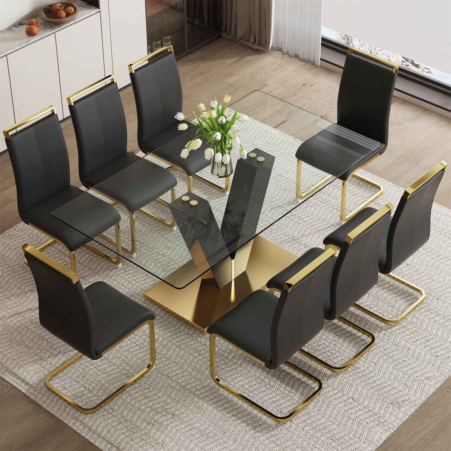 BAOPIN 71" Glass Dining Table Set for 8, Dining Table Set for 8, Modern Kitchen Table and 8 Chairs,Tempered Glass Tabletop and MDF Base,Dining Room Table Set for 8