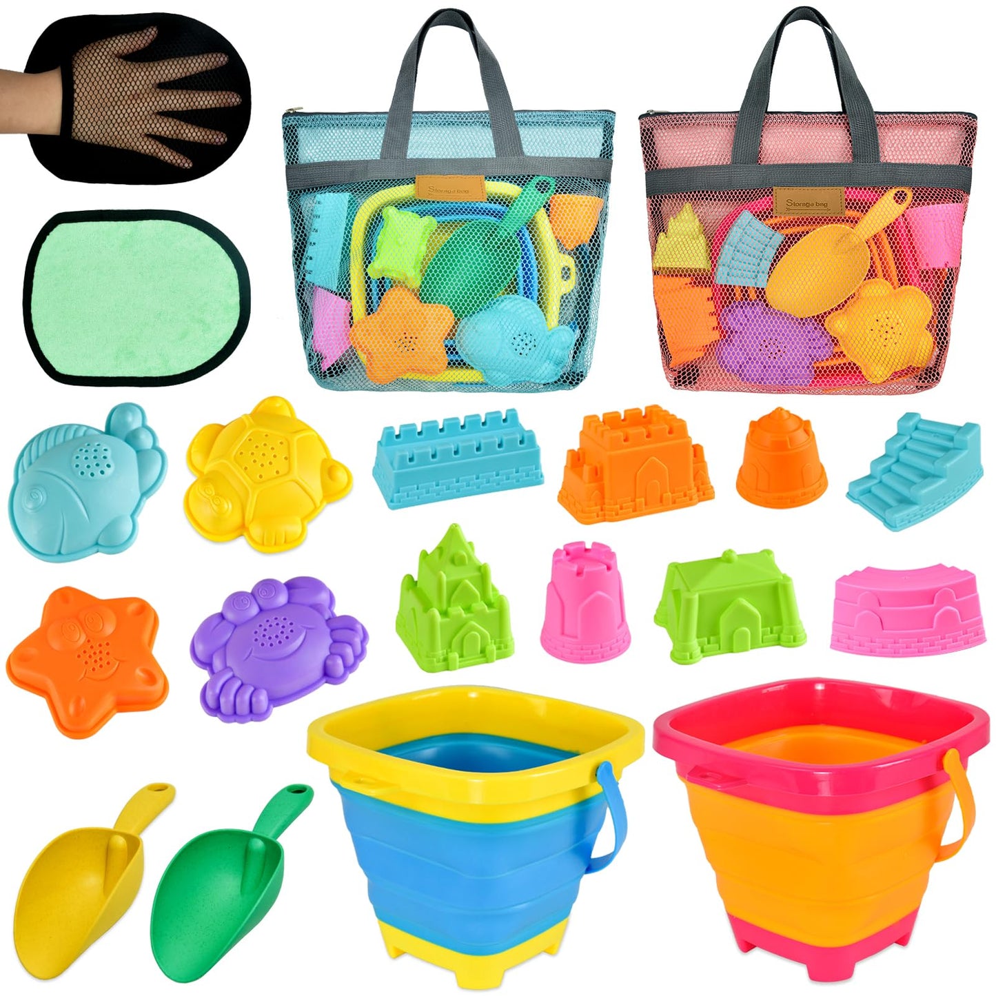 Aclarastra Collapsible Beach Sand Toys for Kids - Travel Beach Toys with 2 Collapsible Beach Buckets, Mesh Bags, Sand Castle Molds, Sand Bucket Shovel Set Sandbox Toy for Toddlers Kids
