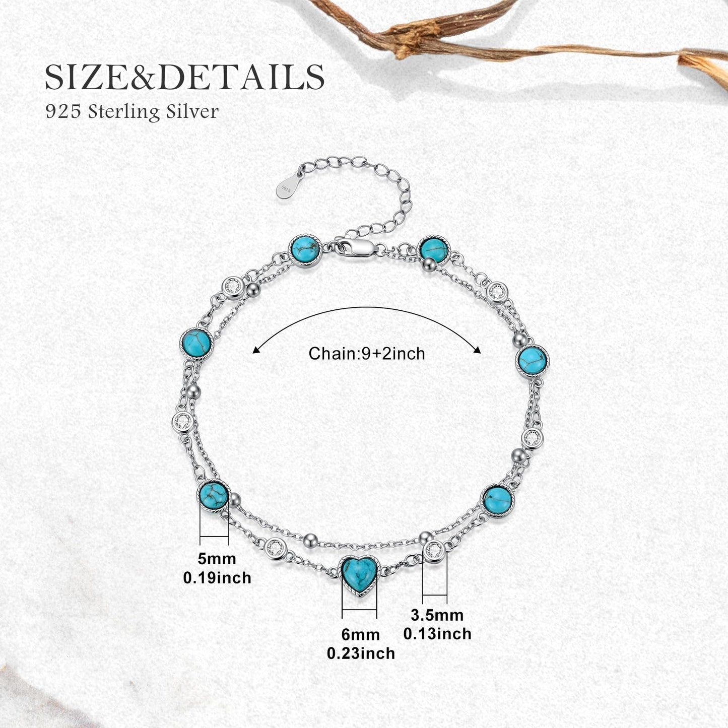 BETHZA Natural Turquoise Anklet 925 Sterling Silver Real Turquoise Gemstone Adjustable Layered Foot Bracelet Jewelry Gifts for Women