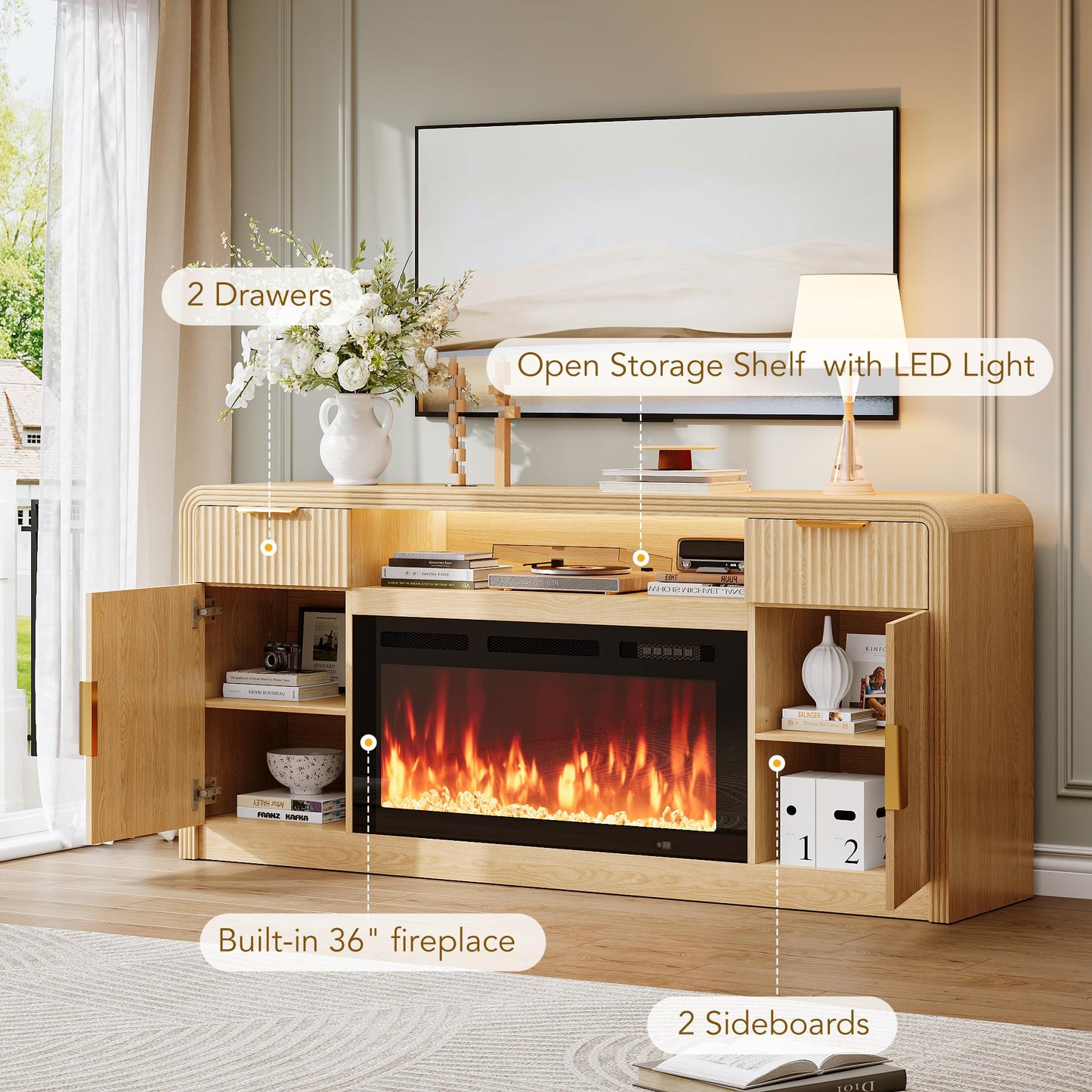 Decofy 70" Fluted Fireplace TV Stand for 80" TV, TV Console Cabinet with Wavy Grain Doors & Adjustable Shelves, Remote & Touch Control Adjustable LED Light, Flame Colors&Temperature for Living Room