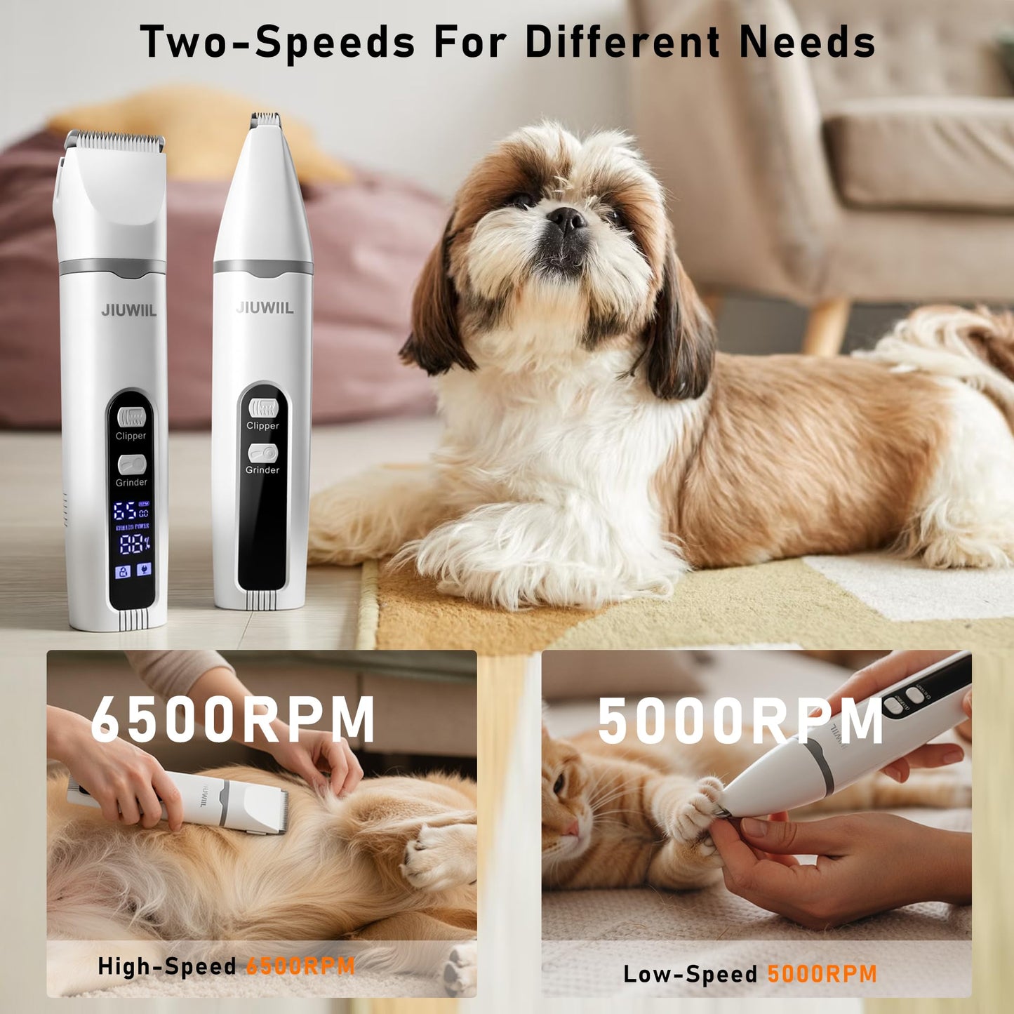 JIUWIIL Dog Clippers for Grooming, 4 in 1 Dog Grooming Kit Hair Clipper with LCD Display, Dog Trimmer for Grooming, Dog Hair Trimmer for Paw Nail Grinder,Shaver Grooming Supplies for Pet Cats Dogs